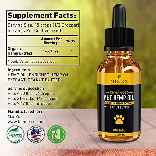 bottle of Mix Rx Pet Hemp Oil treats - Organic Anxiety Itchy Skin Relief